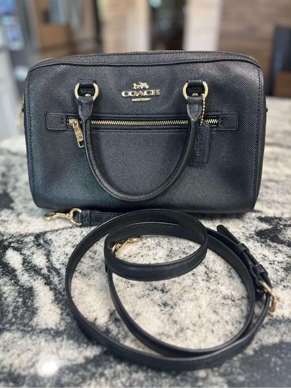 Coach Medium Rowan Black Leather Satchel with Gold-Hardware and Crossbody strap